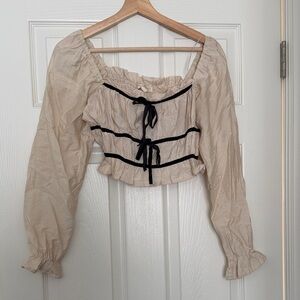 Cropped peasant top with black velvet bows size small